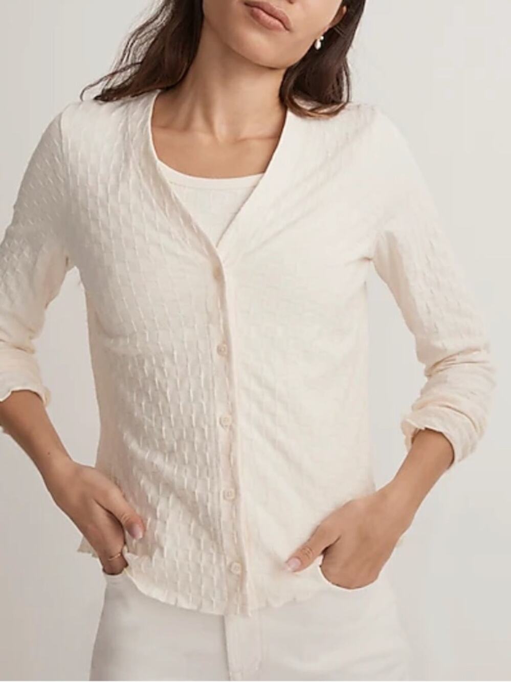 Madewell Women’s V-Neck Button Front White Checkerboard Lettuce Hem Cardigan S